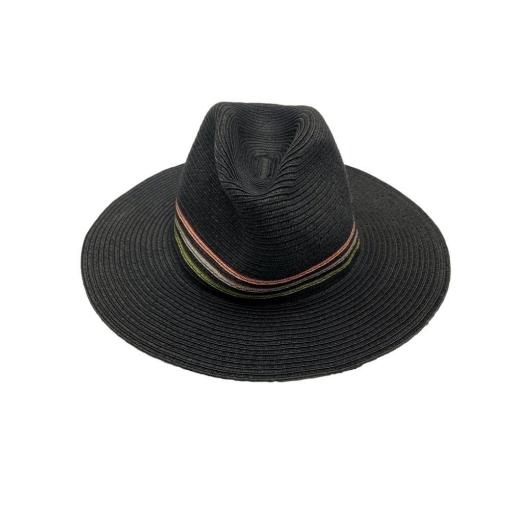 BLACK Fedora straw sun beach summer hat colourful stripes wide brim women’s